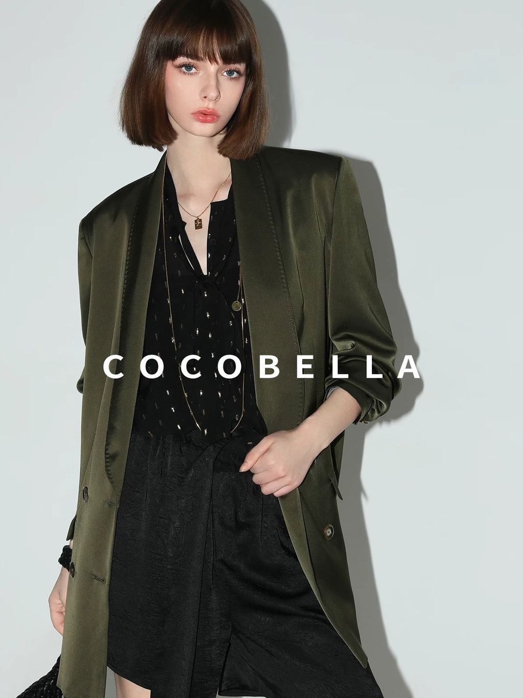 COCOBELLA Polished Avocado Green Double Breasted Straight Midlength Women Office Blazers