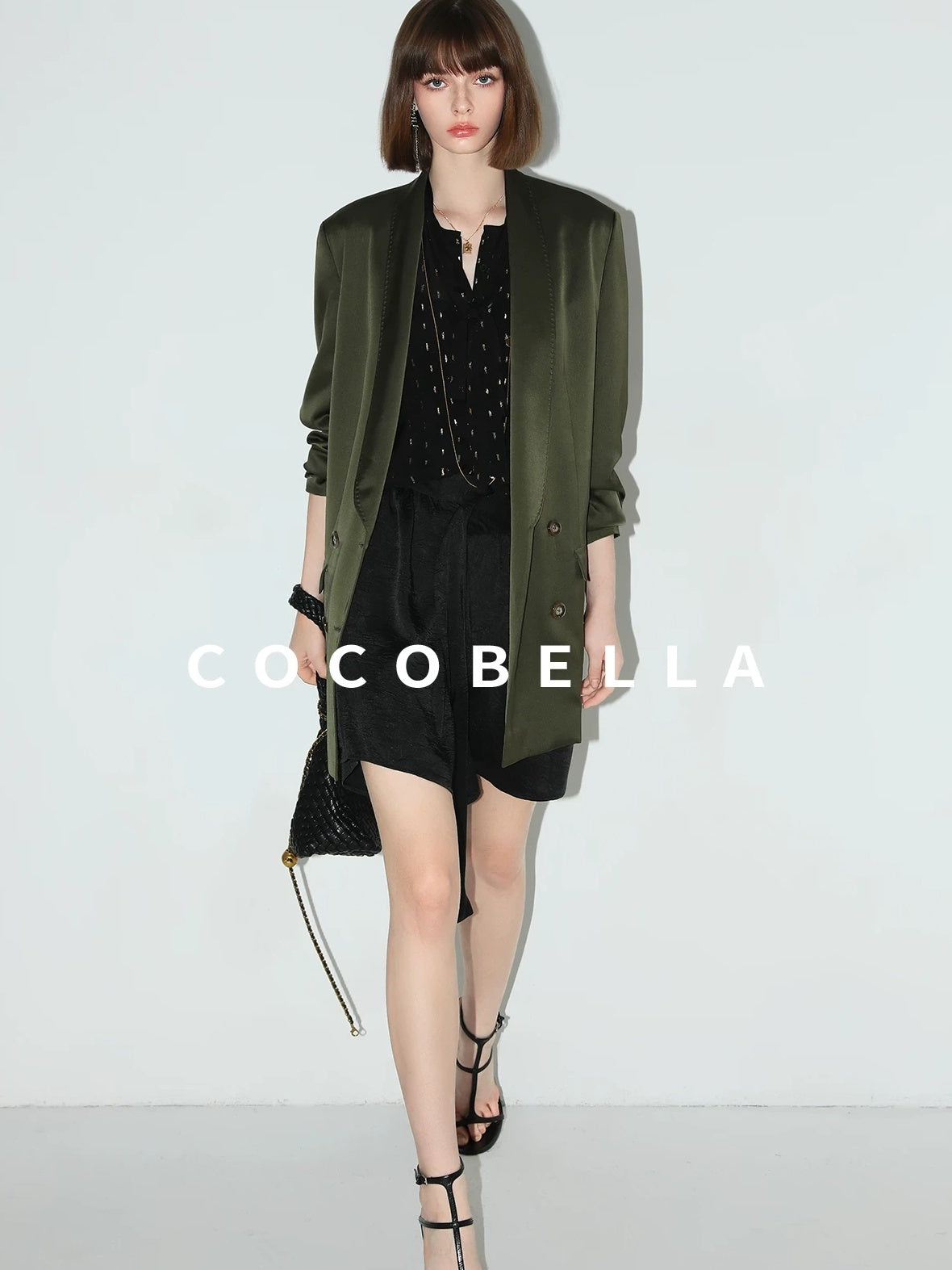 COCOBELLA Polished Avocado Green Double Breasted Straight Midlength Women Office Blazers