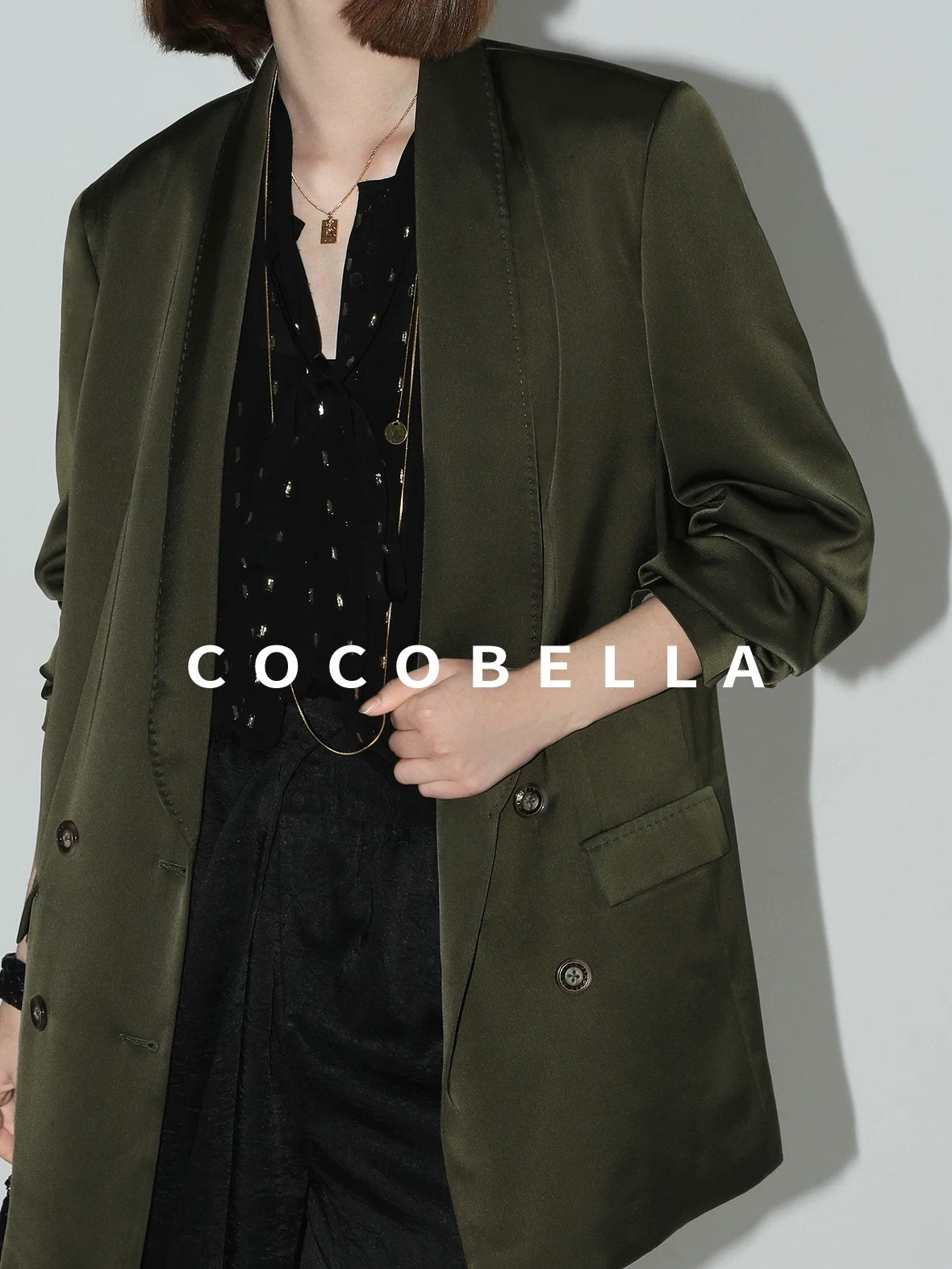 COCOBELLA Polished Avocado Green Double Breasted Straight Midlength Women Office Blazers