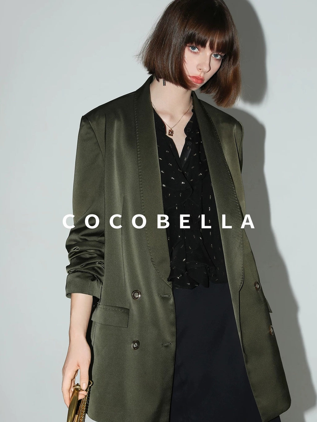 COCOBELLA Polished Avocado Green Double Breasted Straight Midlength Women Office Blazers
