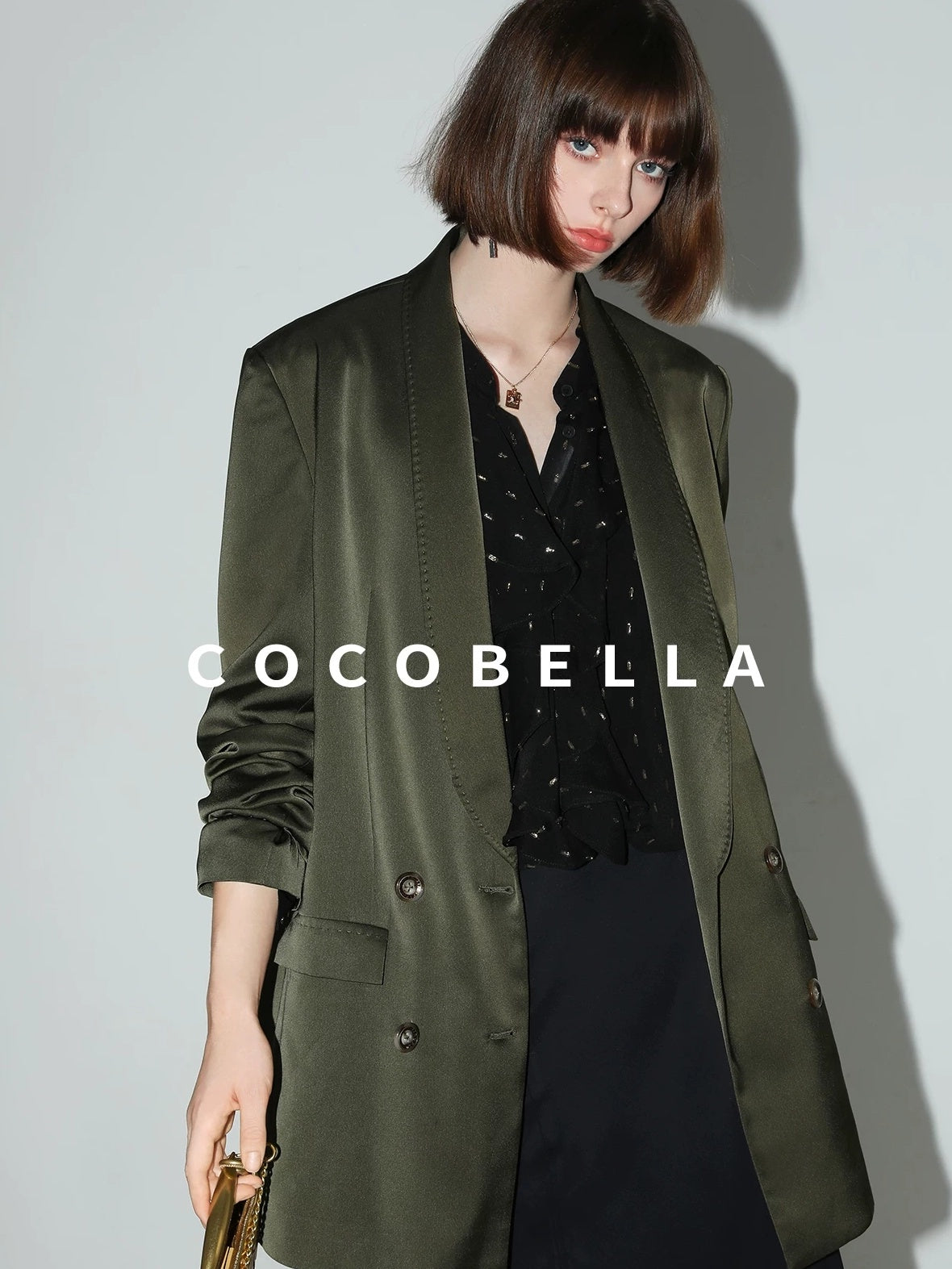 COCOBELLA Polished Avocado Green Double Breasted Straight Midlength Women Office Blazers