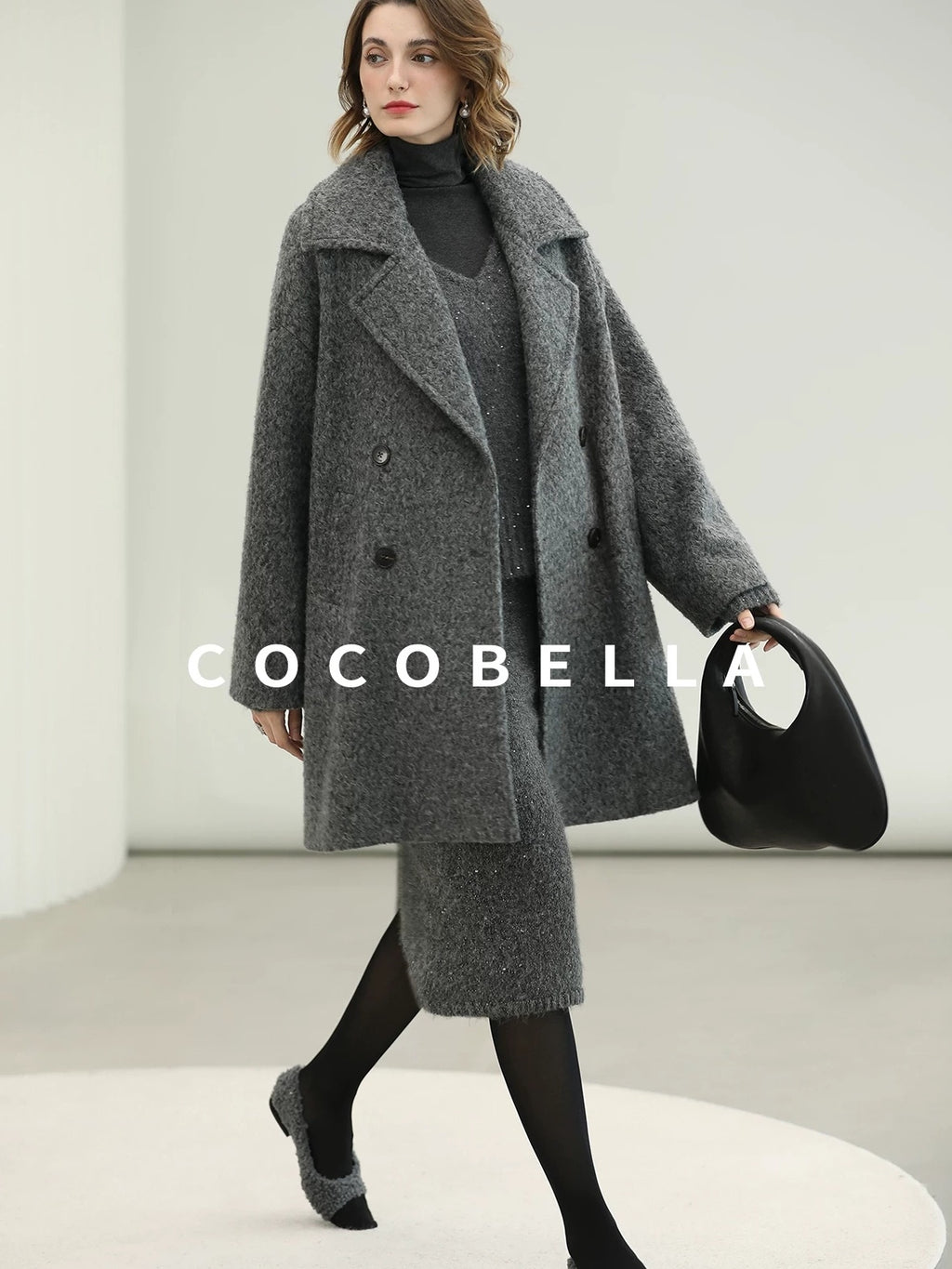 COCOBELLA Polyester Double Breasted Straight Mid Length Ladylike Outerwear Gray Coats