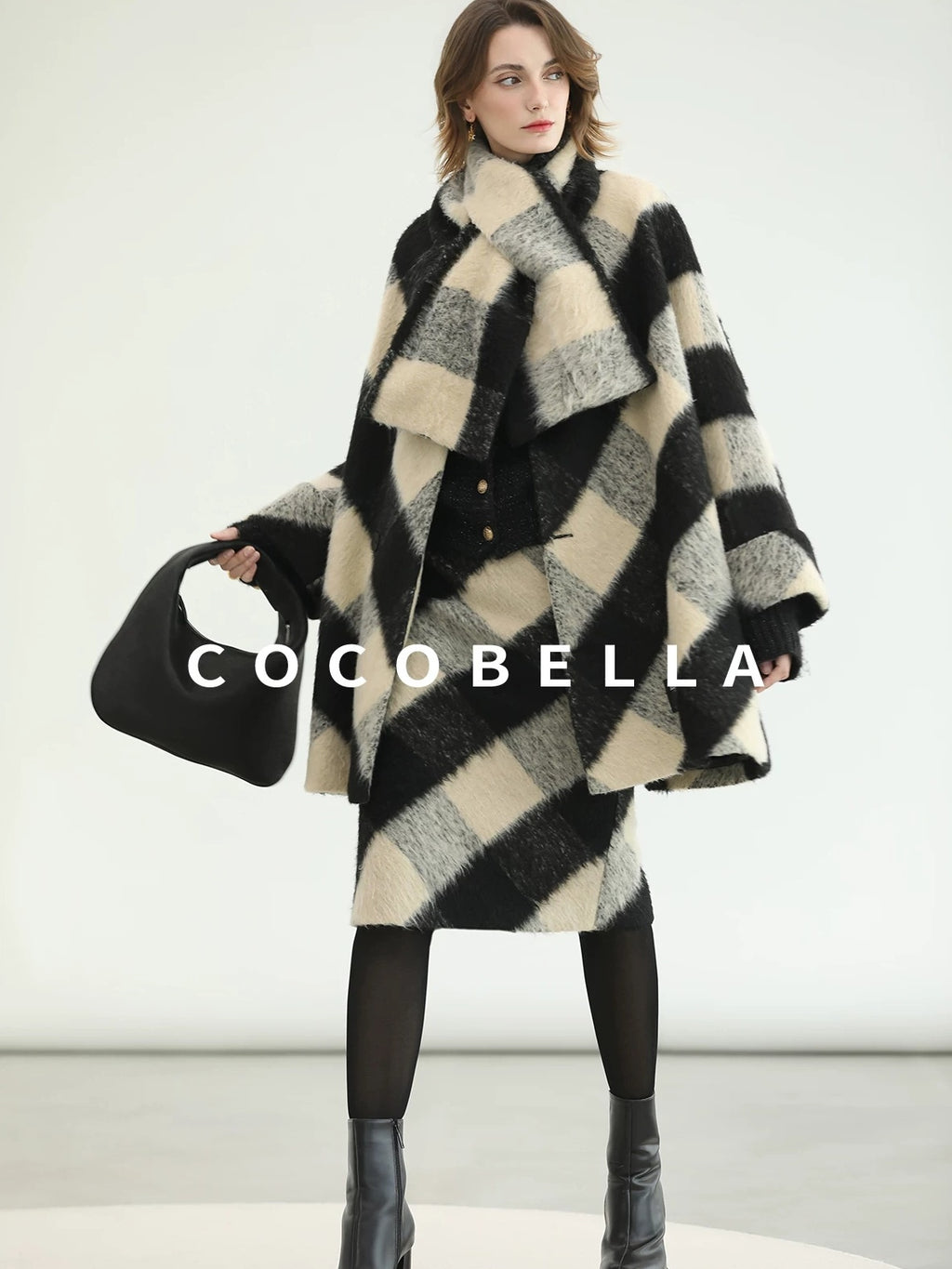 COCOBELLA Polyester Padded Two Piece Midlength Plaid Loose Fit Office Women Button Coats