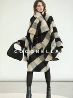 COCOBELLA Polyester Padded Two Piece Midlength Plaid Loose Fit Office Women Button Coats
