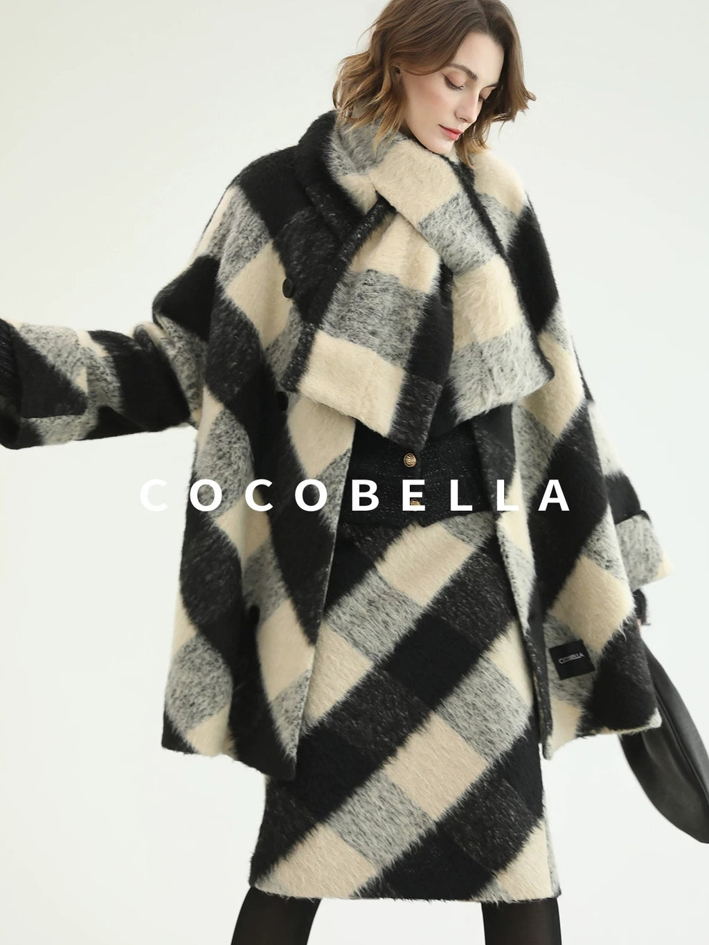 COCOBELLA Polyester Padded Two Piece Midlength Plaid Loose Fit Office Women Button Coats