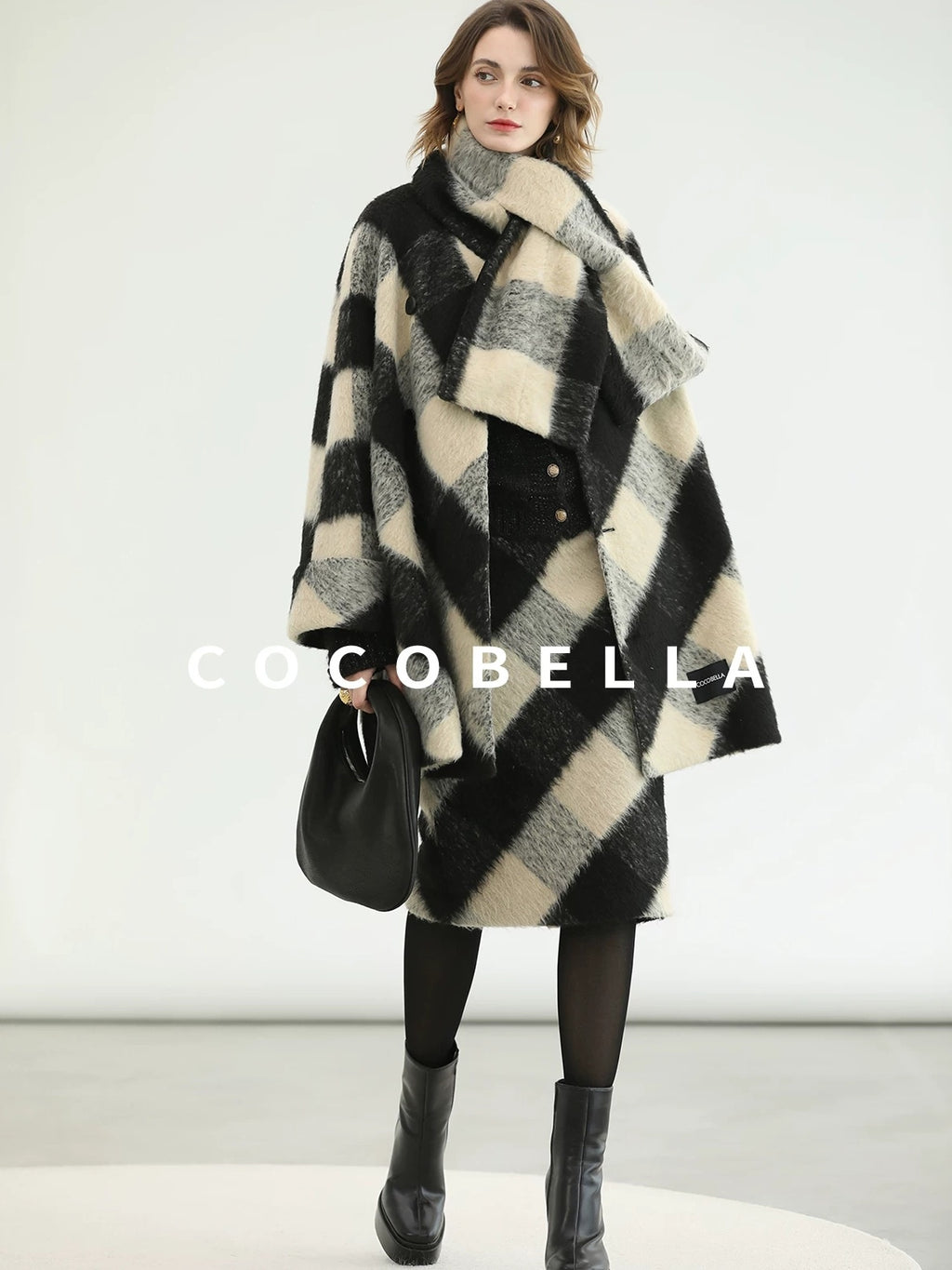 COCOBELLA Polyester Padded Two Piece Midlength Plaid Loose Fit Office Women Button Coats