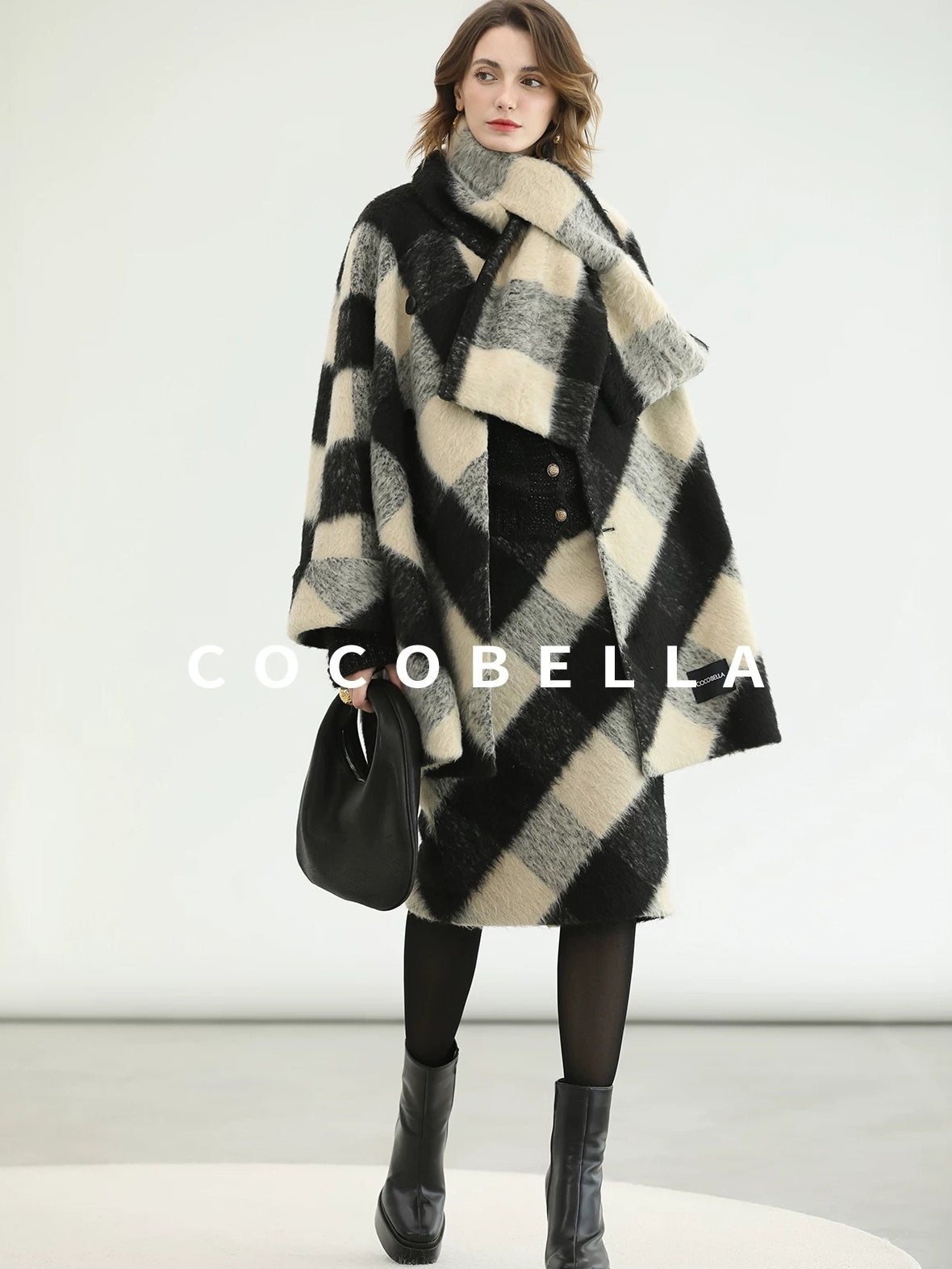 COCOBELLA Polyester Padded Two Piece Midlength Plaid Loose Fit Office Women Button Coats