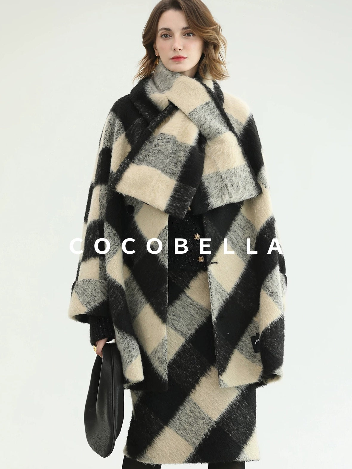 COCOBELLA Polyester Padded Two Piece Midlength Plaid Loose Fit Office Women Button Coats