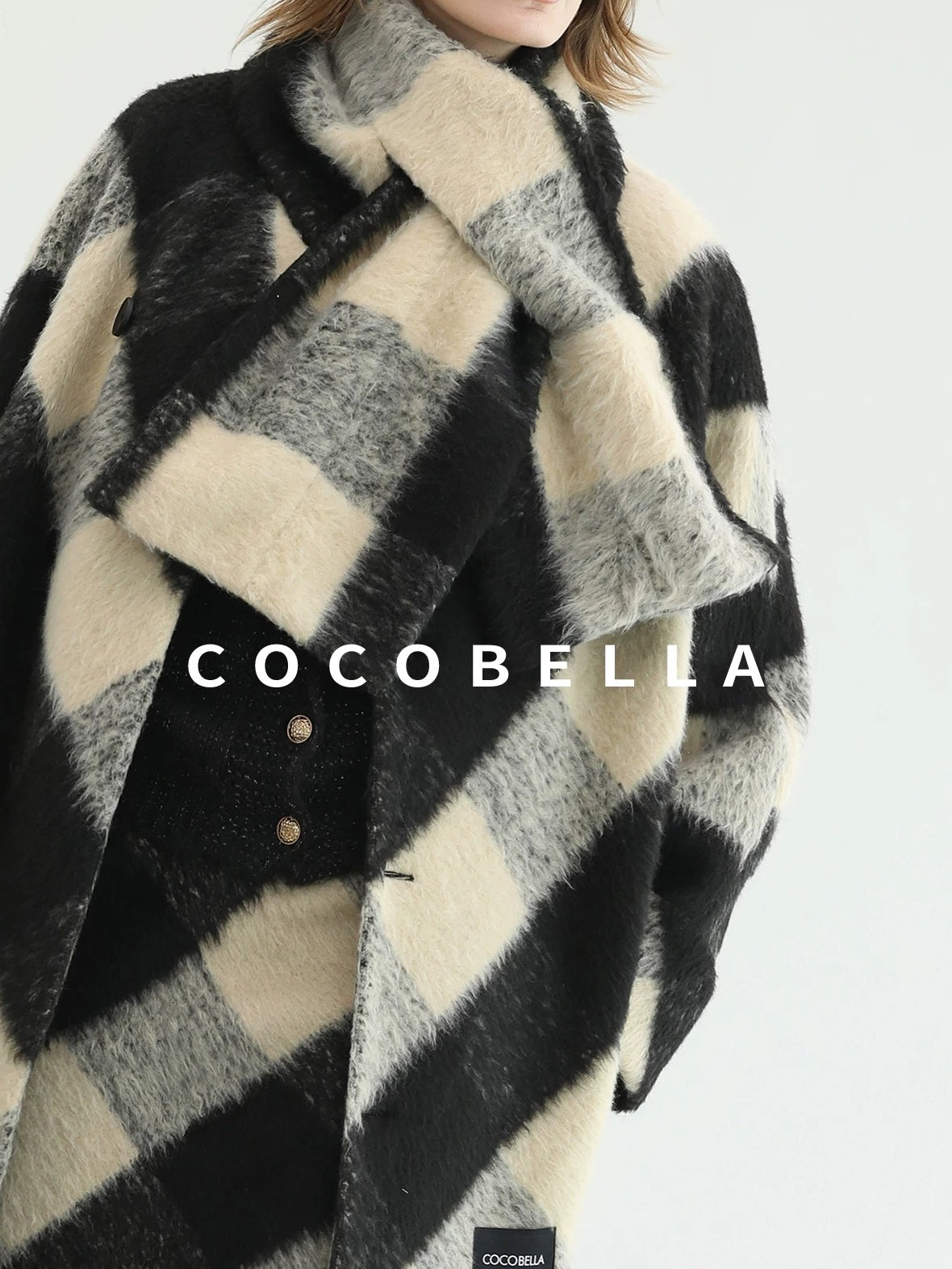 COCOBELLA Polyester Padded Two Piece Midlength Plaid Loose Fit Office Women Button Coats