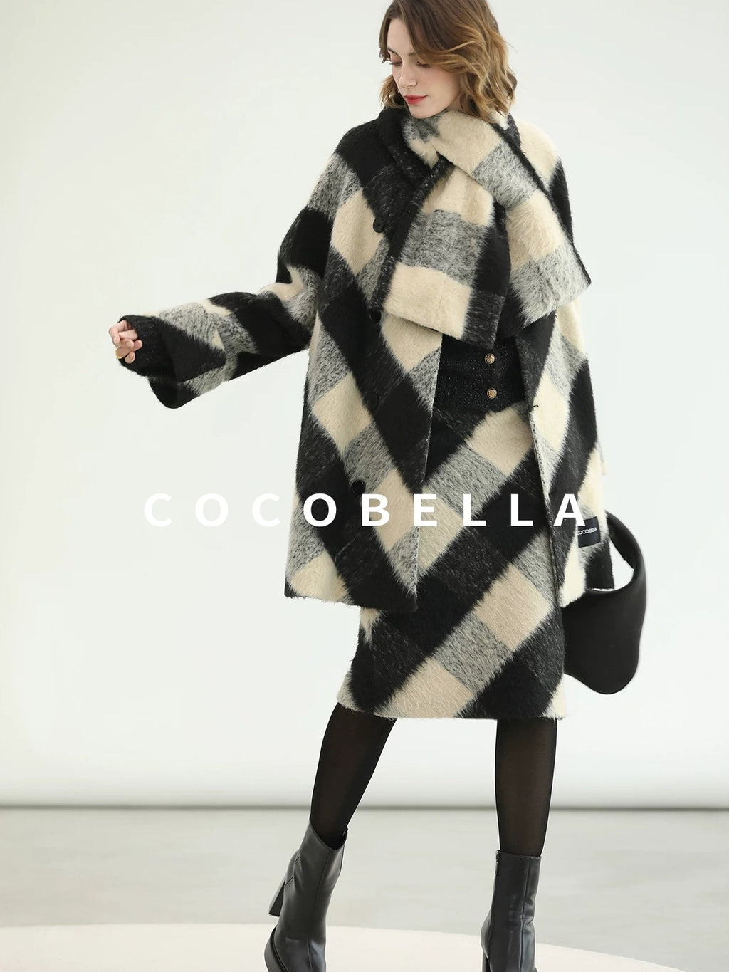 COCOBELLA Polyester Padded Two Piece Midlength Plaid Loose Fit Office Women Button Coats