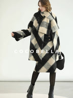 COCOBELLA Polyester Padded Two Piece Midlength Plaid Loose Fit Office Women Button Coats