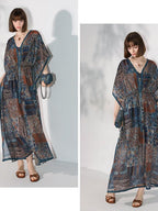 COCOBELLA Porcelain Print Tassel Lace Two Piece V Neck Batwing Adjustable Waist Dresses