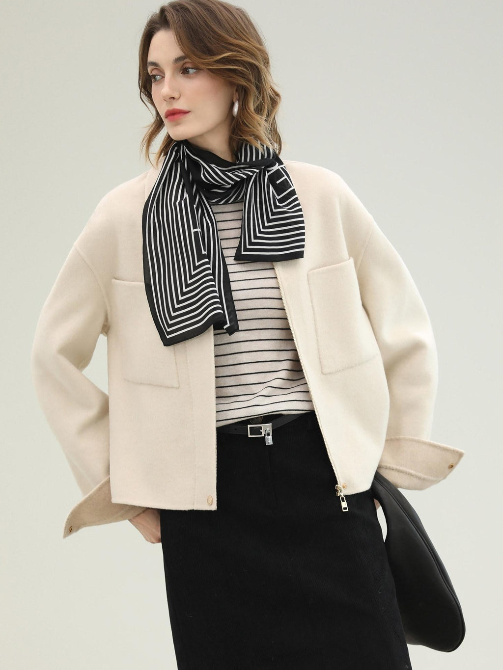 COCOBELLA Premium Double Faced Wool Straight Lapel Zipper Pockets Office Ivory Jackets