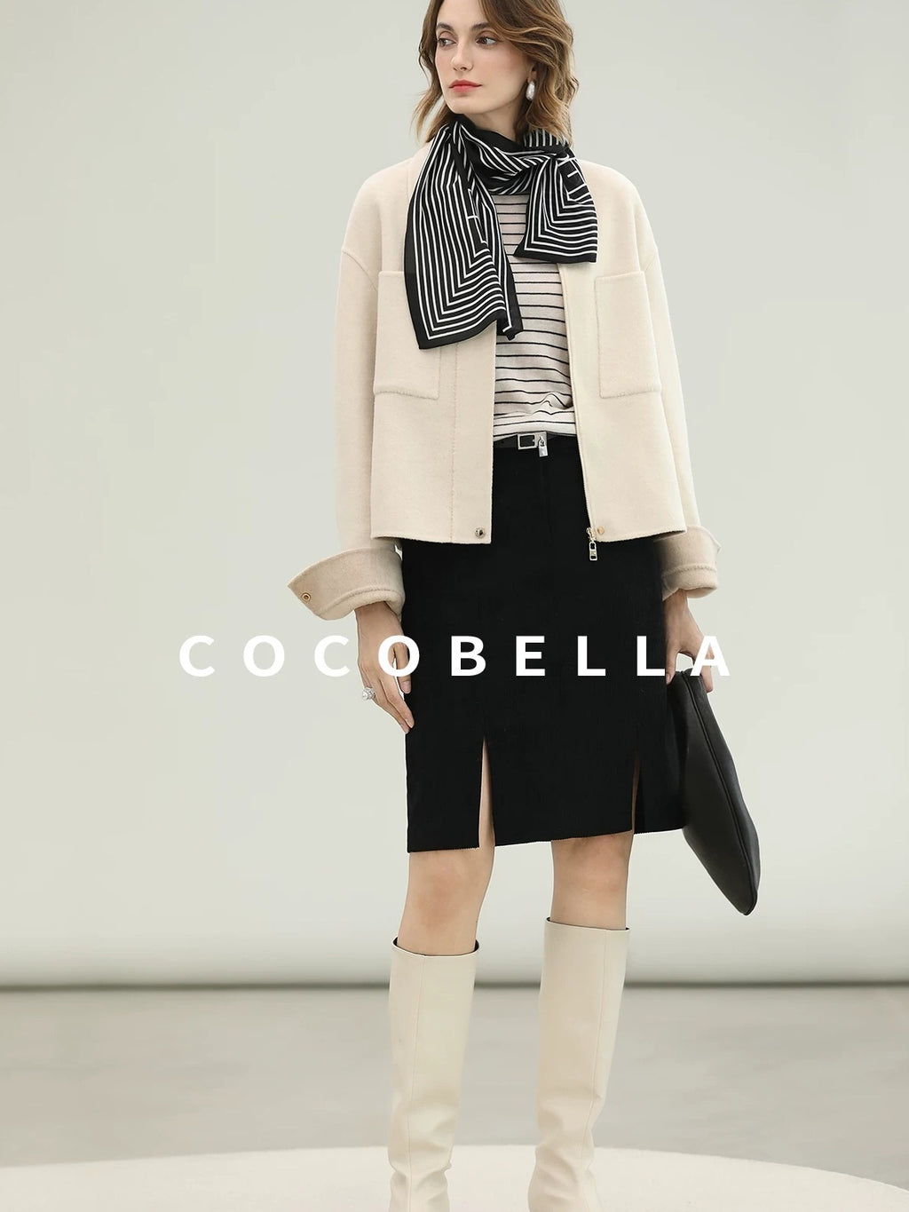 COCOBELLA Premium Double Faced Wool Straight Lapel Zipper Pockets Office Ivory Jackets