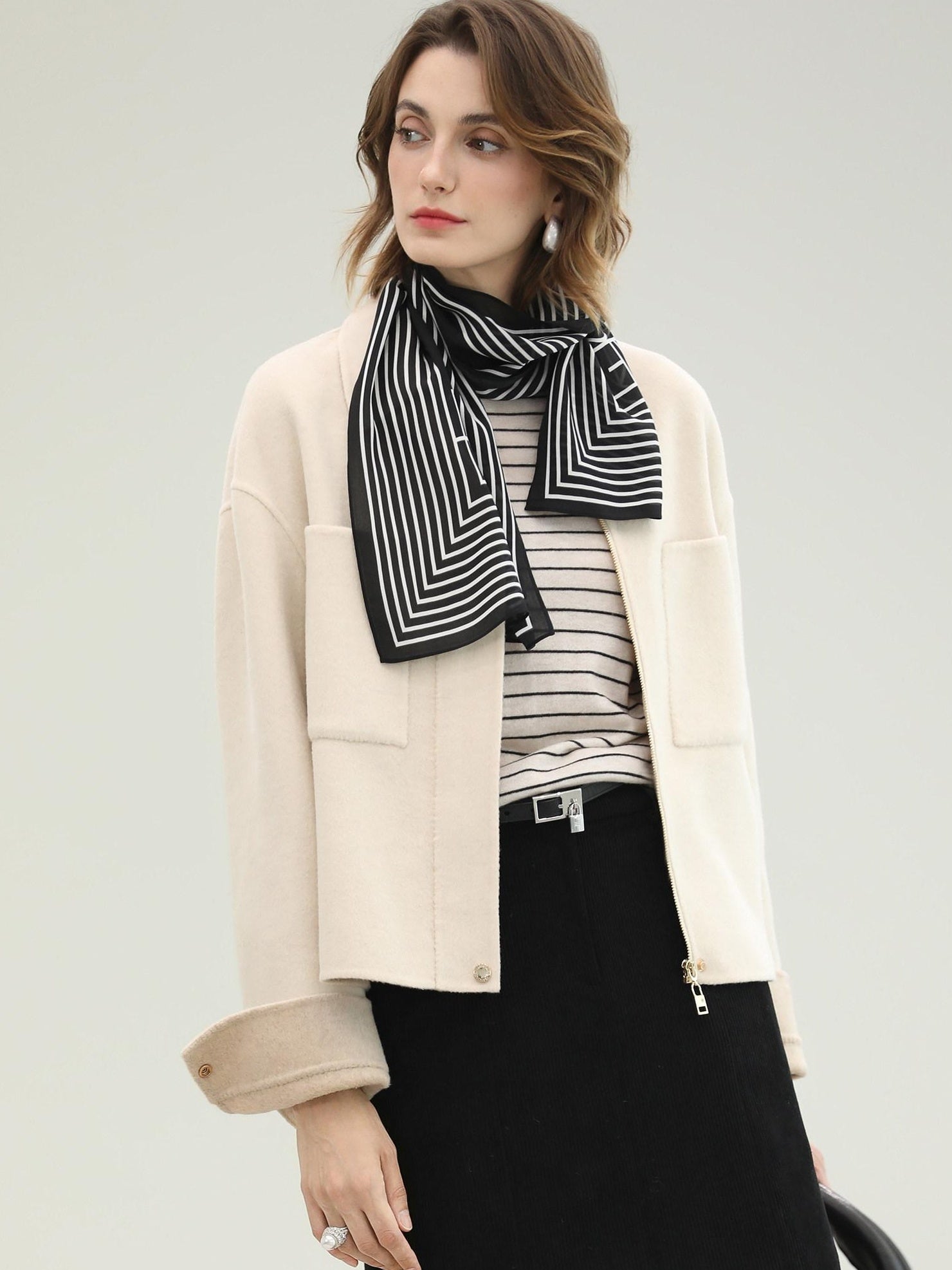 COCOBELLA Premium Double Faced Wool Straight Lapel Zipper Pockets Office Ivory Jackets