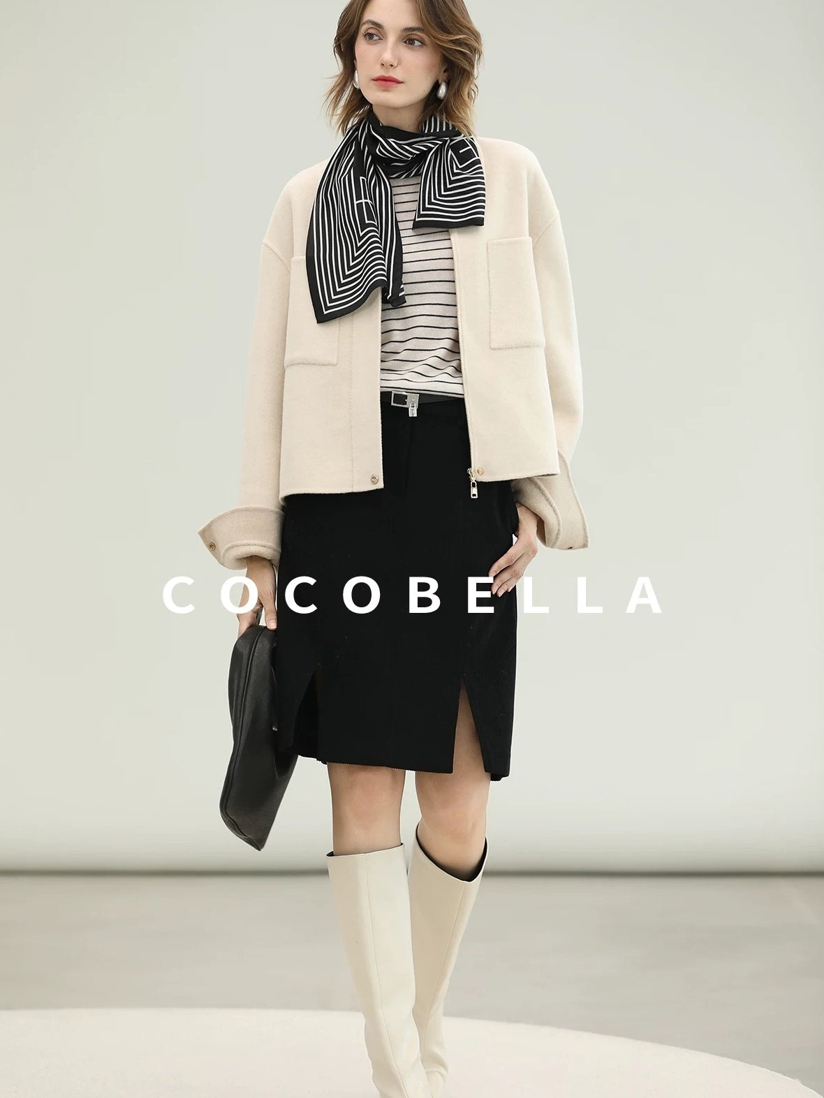 COCOBELLA Premium Double Faced Wool Straight Lapel Zipper Pockets Office Ivory Jackets