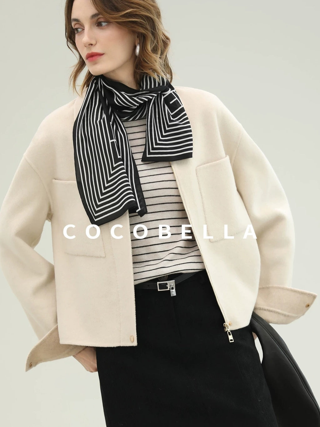 COCOBELLA Premium Double Faced Wool Straight Lapel Zipper Pockets Office Ivory Jackets