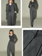 COCOBELLA Premium Tailored Houndstooth Wide Leg Minimal Office Women Gray Wool Blend Pants