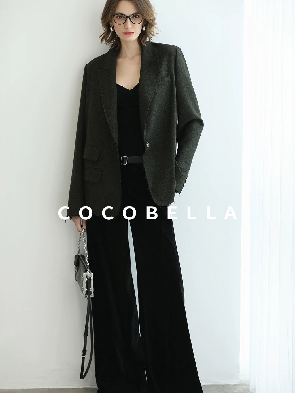 COCOBELLA Premium Wool Blend Seaweed Green Straight Cut Notch Lapel Women Office Blazers