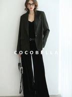COCOBELLA Premium Wool Blend Seaweed Green Straight Cut Notch Lapel Women Office Blazers