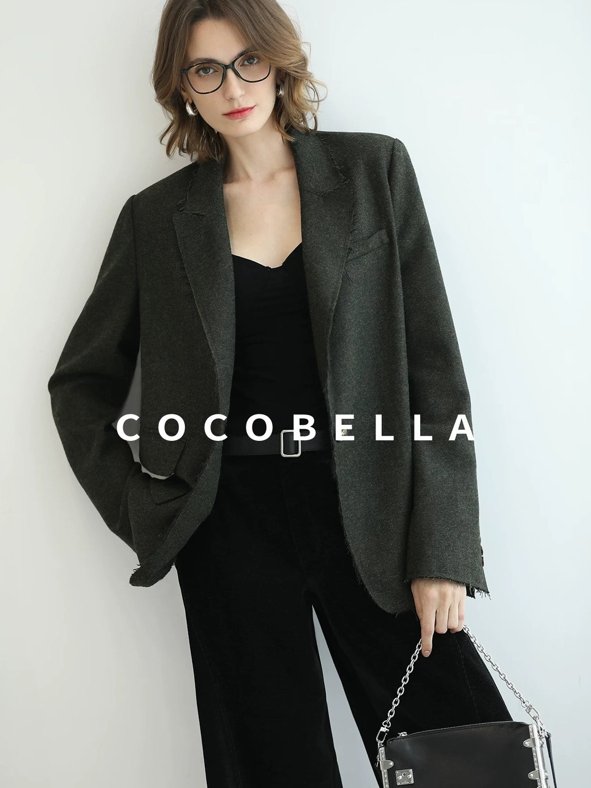 COCOBELLA Premium Wool Blend Seaweed Green Straight Cut Notch Lapel Women Office Blazers