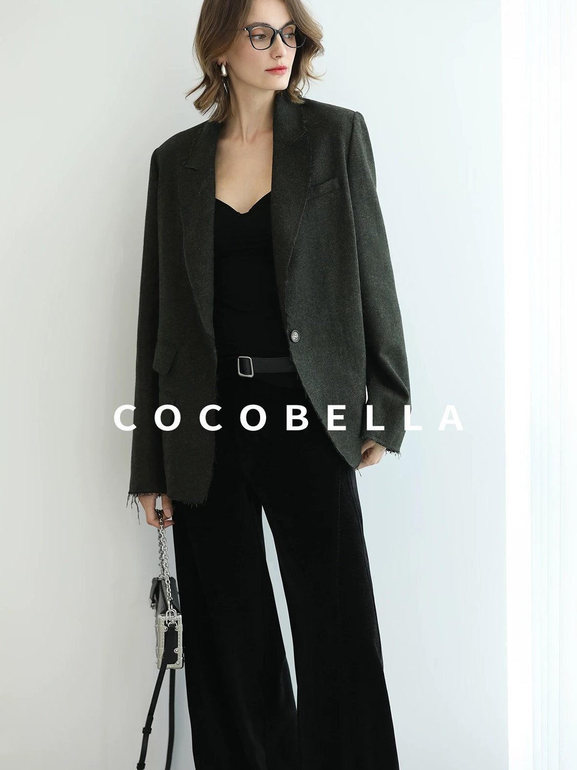 COCOBELLA Premium Wool Blend Seaweed Green Straight Cut Notch Lapel Women Office Blazers