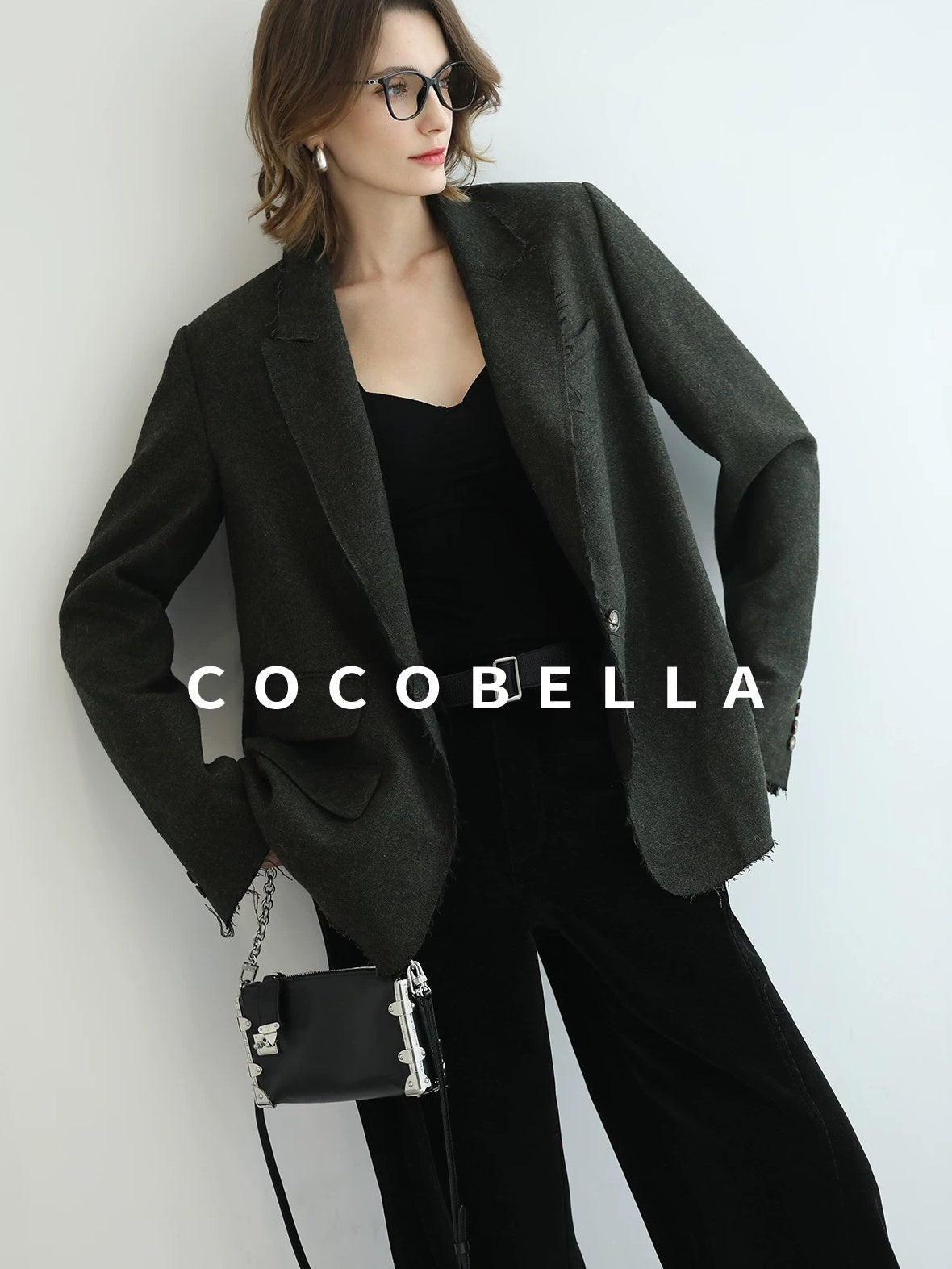 COCOBELLA Premium Wool Blend Seaweed Green Straight Cut Notch Lapel Women Office Blazers