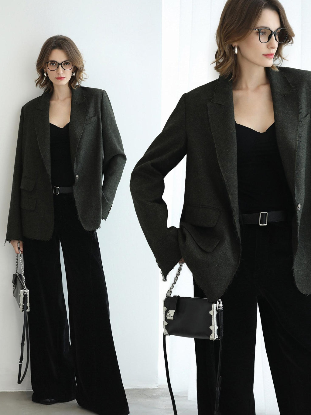 COCOBELLA Premium Wool Blend Seaweed Green Straight Cut Notch Lapel Women Office Blazers