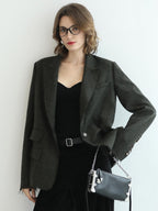 COCOBELLA Premium Wool Blend Seaweed Green Straight Cut Notch Lapel Women Office Blazers
