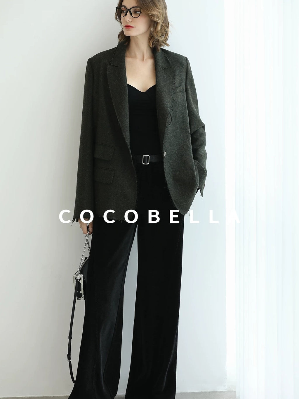 COCOBELLA Premium Wool Blend Seaweed Green Straight Cut Notch Lapel Women Office Blazers