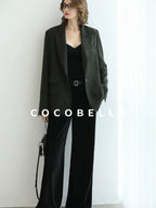 COCOBELLA Premium Wool Blend Seaweed Green Straight Cut Notch Lapel Women Office Blazers