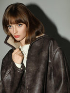 COCOBELLA Pu Patchwork Relaxed Fit Street Zip Front Turn Collar Chestnut Padded Jackets