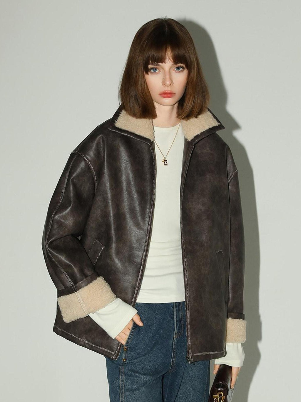 COCOBELLA Pu Patchwork Relaxed Fit Street Zip Front Turn Collar Chestnut Padded Jackets