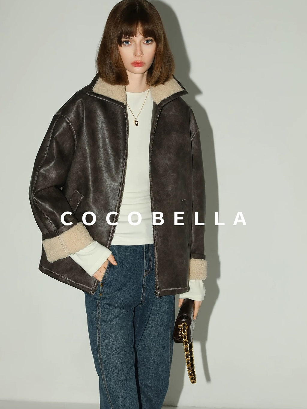COCOBELLA Pu Patchwork Relaxed Fit Street Zip Front Turn Collar Chestnut Padded Jackets