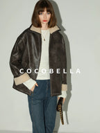 COCOBELLA Pu Patchwork Relaxed Fit Street Zip Front Turn Collar Chestnut Padded Jackets