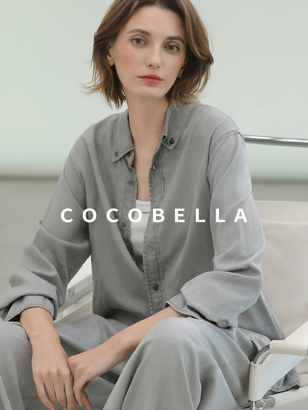 COCOBELLA Pure Lyocell Washed Button Down Straight Shadow Green Women Long Sleeve Shirts