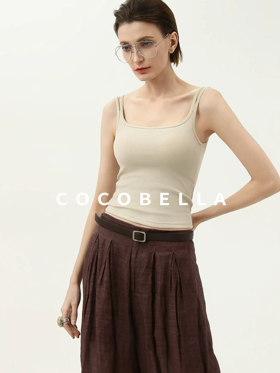 COCOBELLA Recycled Viscose Cotton Padded Slim U Neck Strap Tank Top Womens Work Ecru Tops