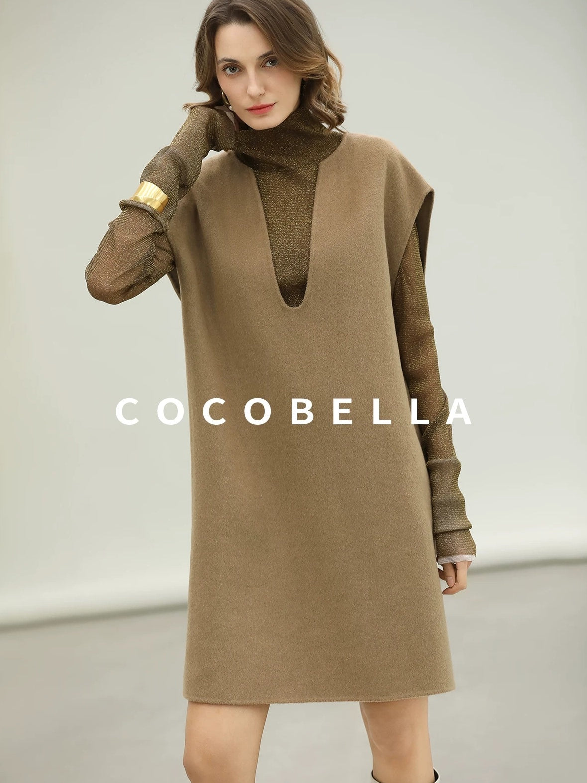 COCOBELLA Refined Wool Blend V Neck Sleeveless H Line Pullover Office Sweater Dresses