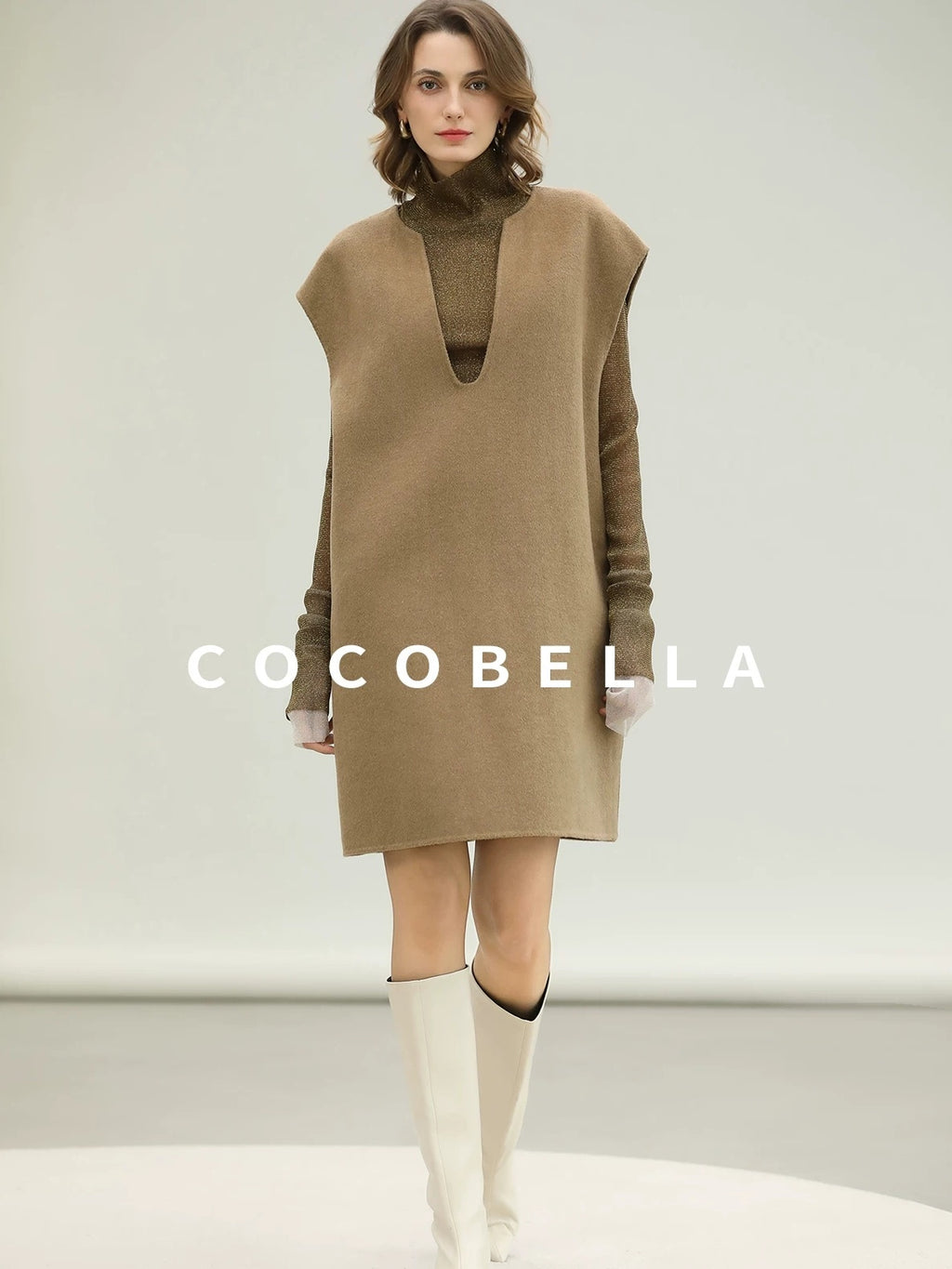 COCOBELLA Refined Wool Blend V Neck Sleeveless H Line Pullover Office Sweater Dresses
