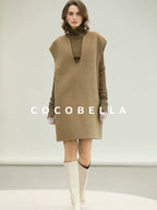 COCOBELLA Refined Wool Blend V Neck Sleeveless H Line Pullover Office Sweater Dresses