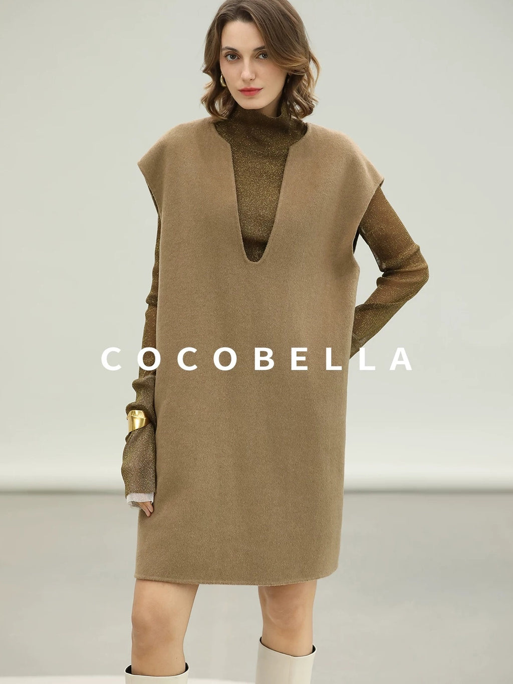 COCOBELLA Refined Wool Blend V Neck Sleeveless H Line Pullover Office Sweater Dresses