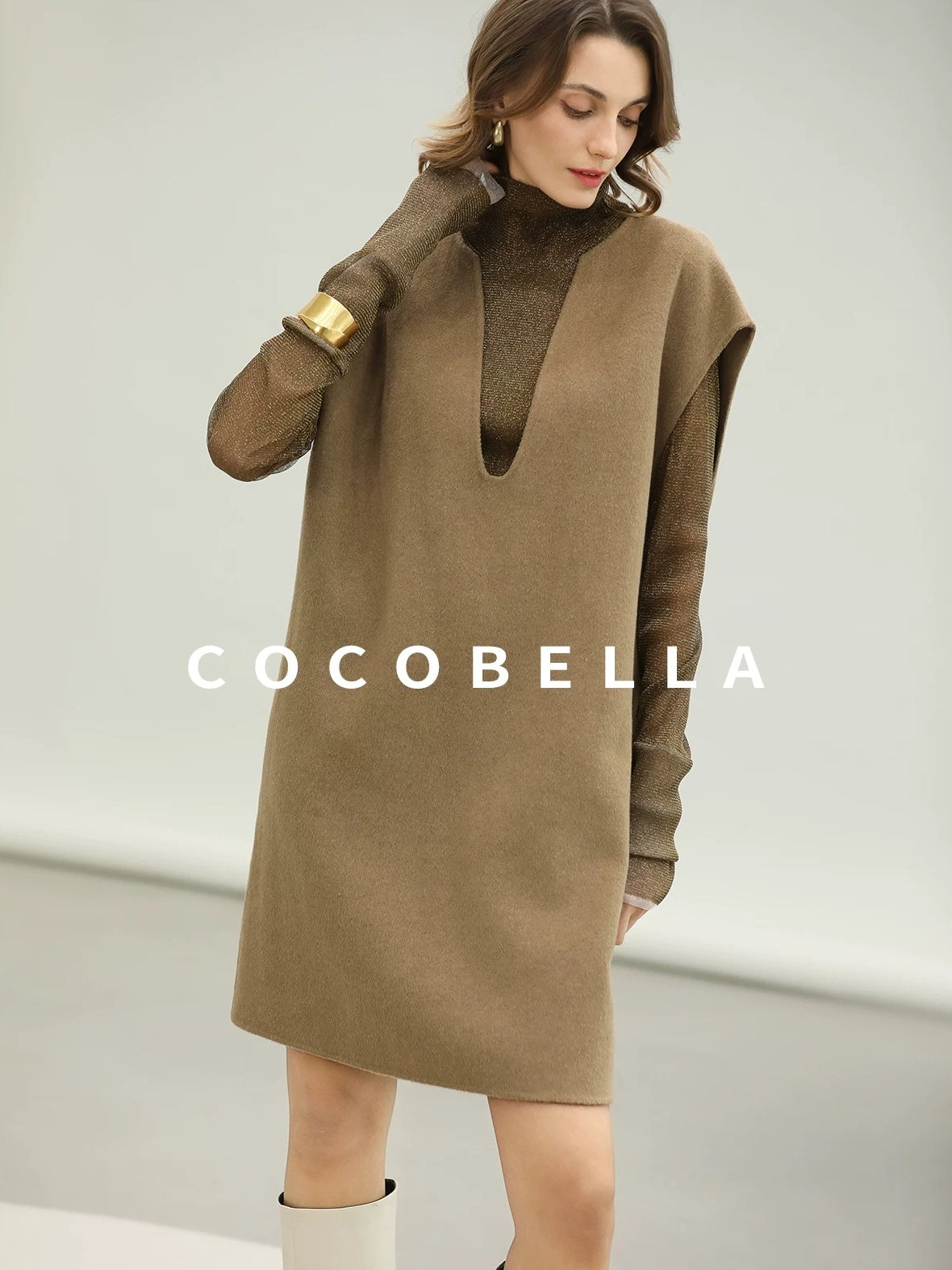 COCOBELLA Refined Wool Blend V Neck Sleeveless H Line Pullover Office Sweater Dresses