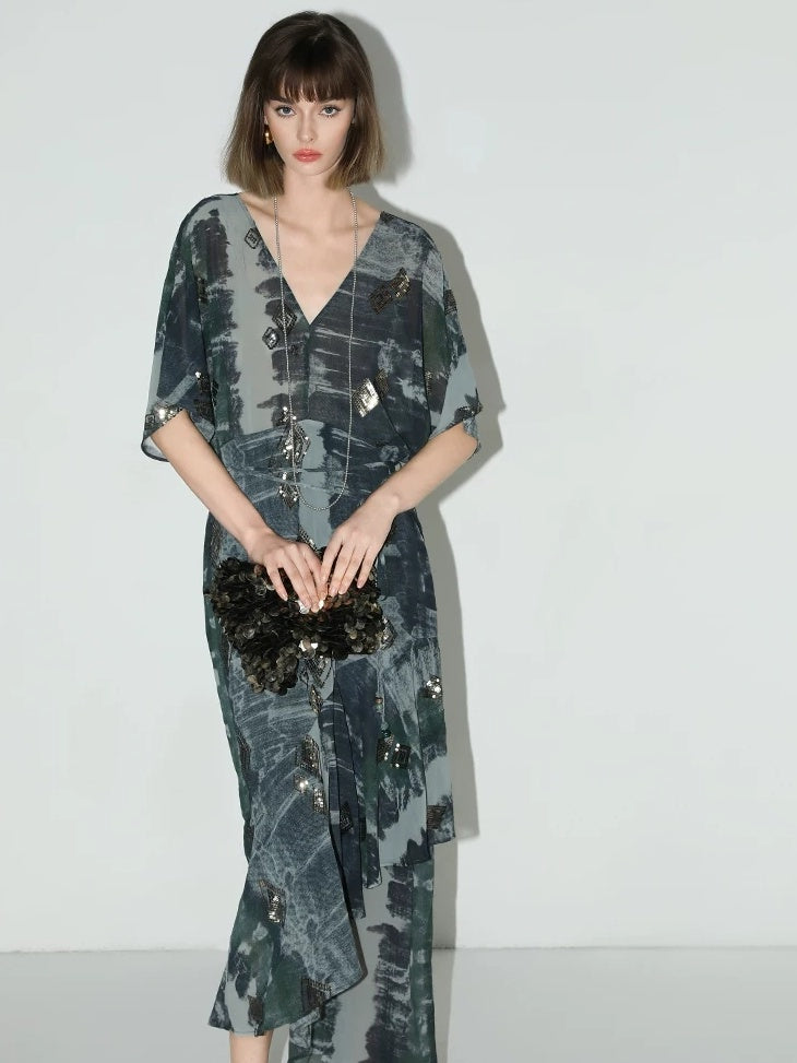 COCOBELLA Resort V Neck Embroidered Printed Sequin Belted Relaxed Straight Skirt Dresses