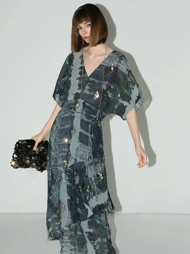 COCOBELLA Resort V Neck Embroidered Printed Sequin Belted Relaxed Straight Skirt Dresses