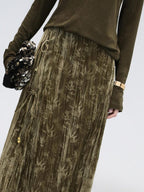 COCOBELLA Retro Green Chinese Tie Detail 3D Embellished Mid Waist Pleated Midi Skirts