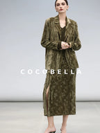 COCOBELLA Retro Green Chinese Tie Detail 3D Embellished Mid Waist Pleated Midi Skirts