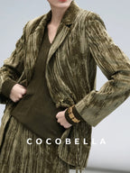 COCOBELLA Retro Green Chinese Tie Detail 3D Embellished Mid Waist Pleated Midi Skirts