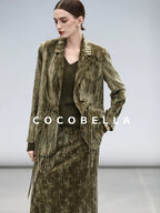COCOBELLA Retro Green Chinese Tie Detail 3D Embellished Mid Waist Pleated Midi Skirts