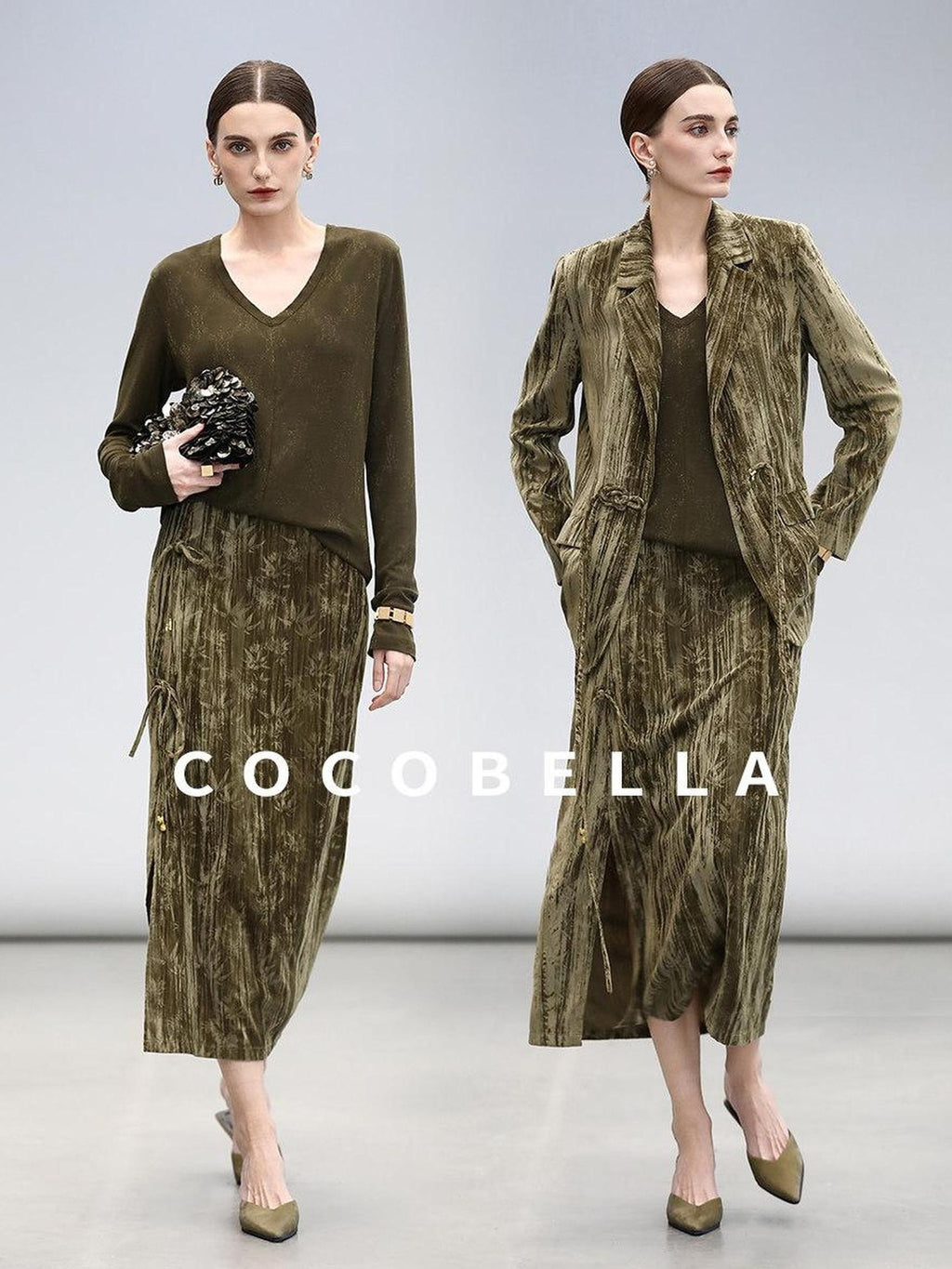 COCOBELLA Retro Green Chinese Tie Detail 3D Embellished Mid Waist Pleated Midi Skirts
