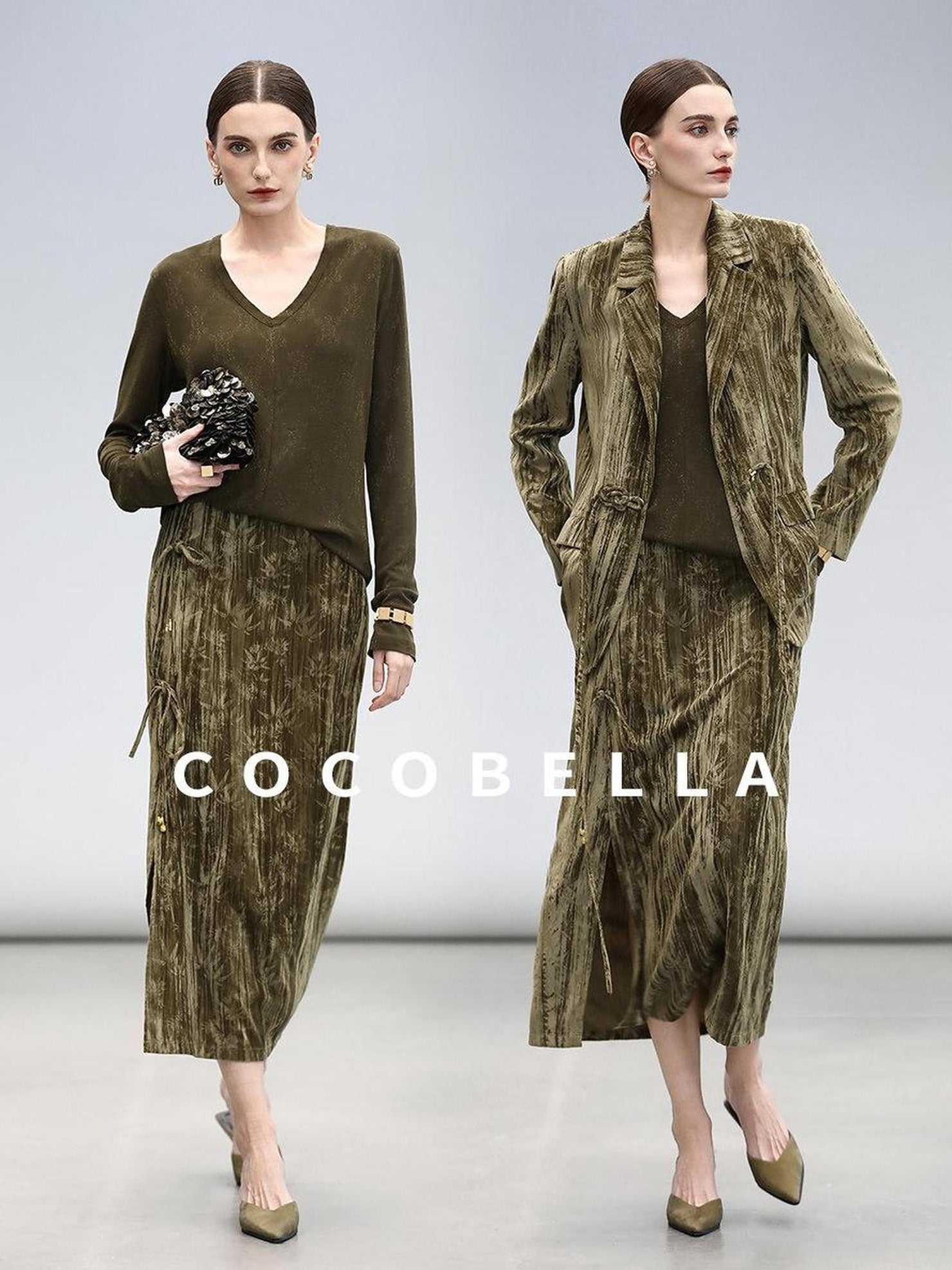 COCOBELLA Retro Green Chinese Tie Detail 3D Embellished Mid Waist Pleated Midi Skirts